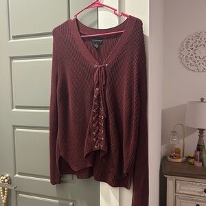 V-Neck Burgundy Sweater with Lace-Up Front